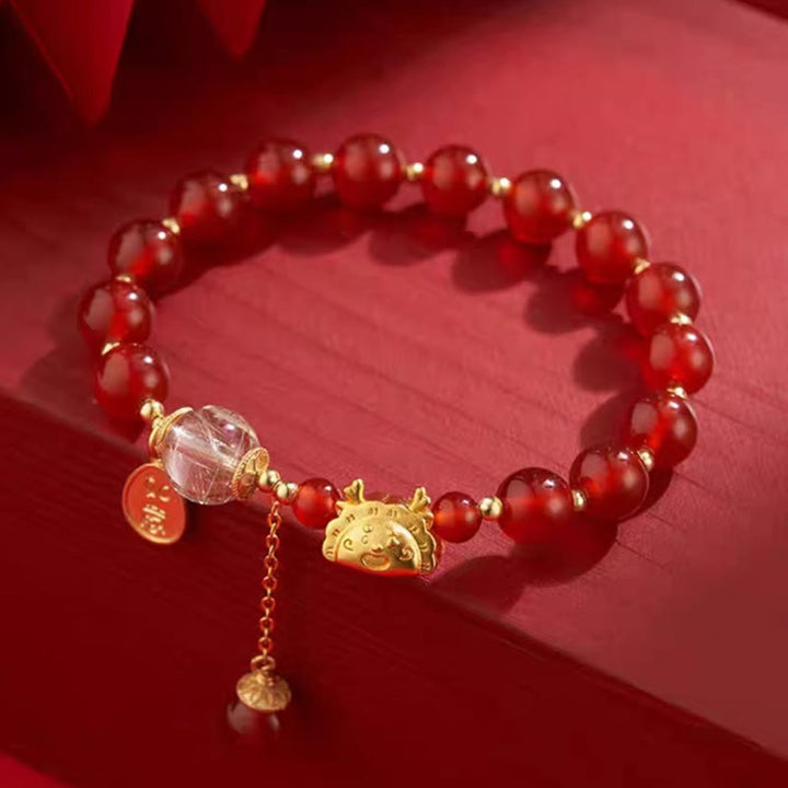 Armband Roter Achat Granat Fu-Zeichen Glück Erfolg elastisch Naturstein