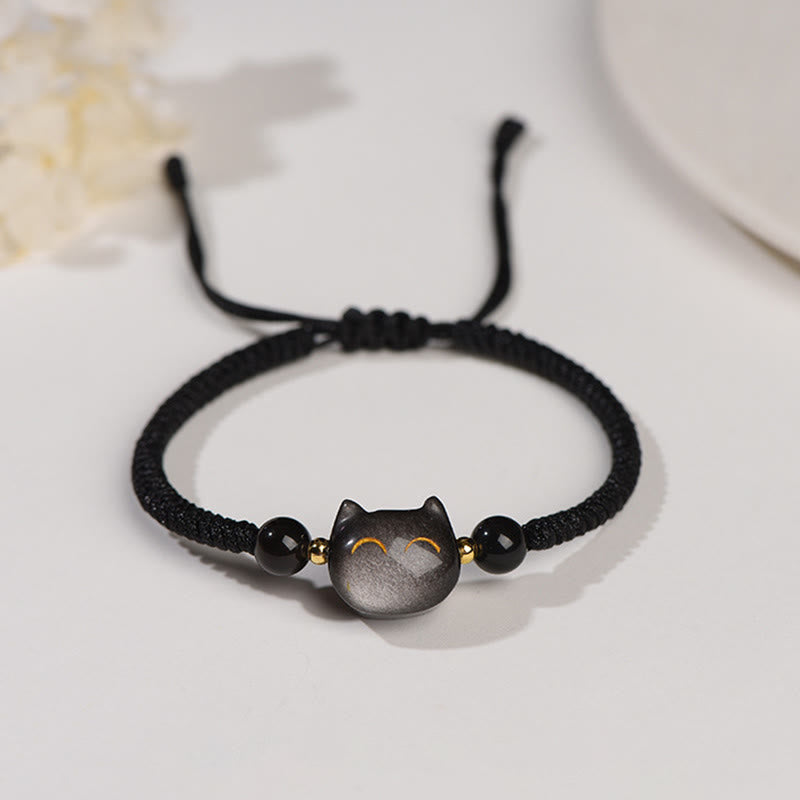 Armband Silber Obsidian Erdbeerquarz Katze – Schutz