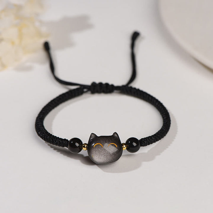 Armband Silber Obsidian Erdbeerquarz Katze – Schutz