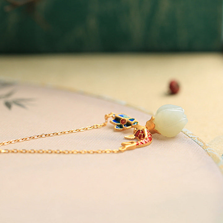 Jade Lotusblüte Anhänger Kette Kupfer vergoldet Cloisonné