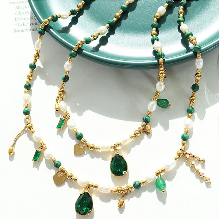 Kette Perle grün Zirkon gold Tropfen