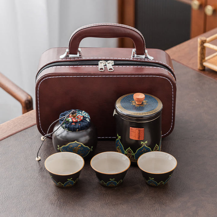 Teeset Schwarz / 1 Kanne+3 Tassen+1 Handtasche+1 Teedose
