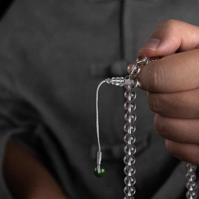 Mala 108 Perlen Weißer Kristall Jade Halskette Hand grüner Stein