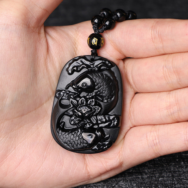 Kette Obsidian Koi Lotus Schwarz Kraft