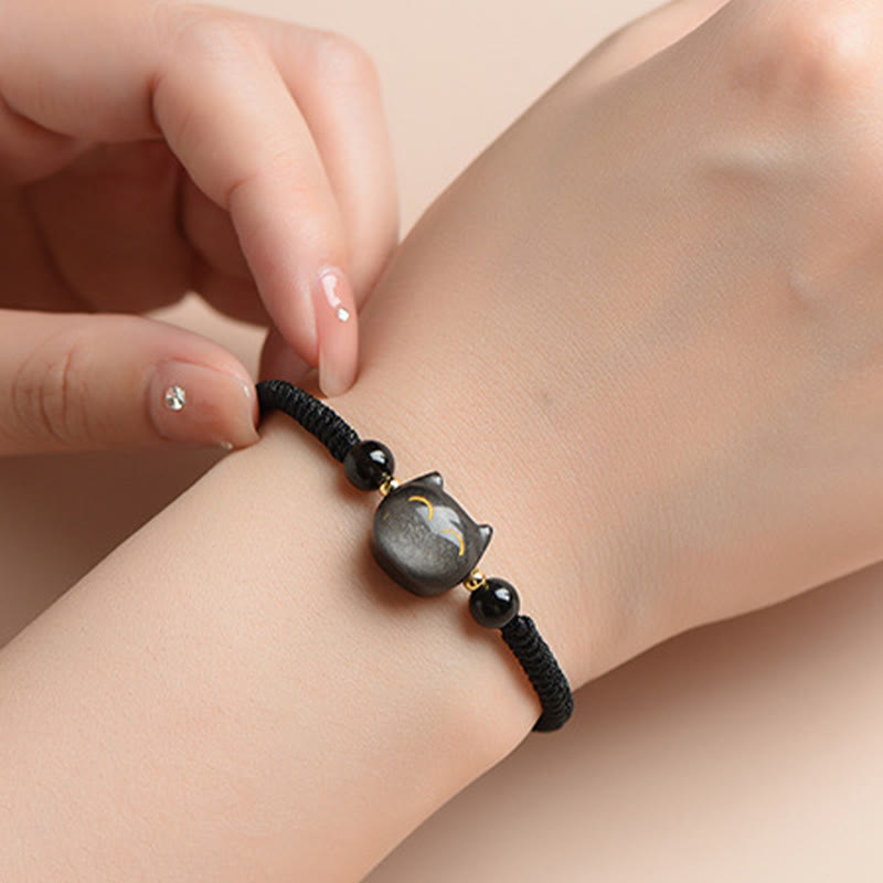 Armband Silber Obsidian Erdbeerquarz Katze – Schutz