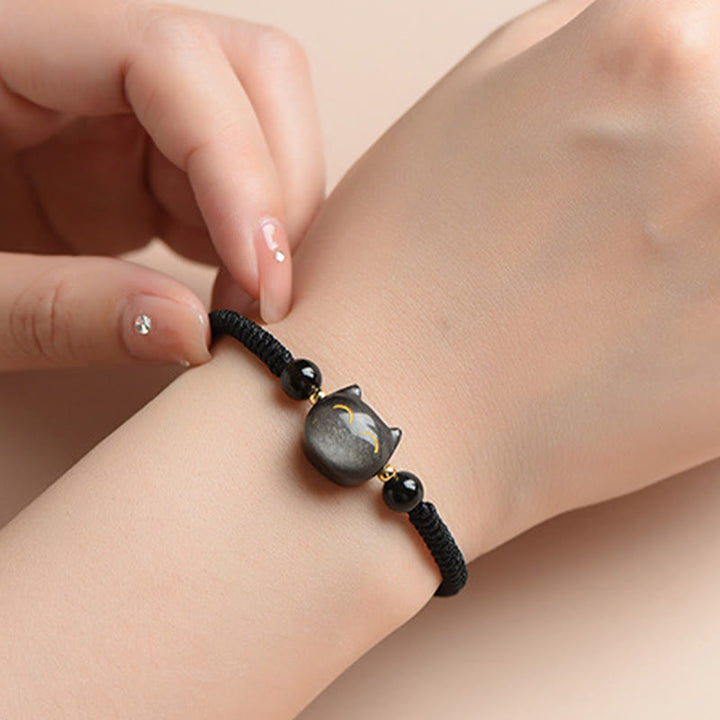 Armband Silber Obsidian Erdbeerquarz Katze – Schutz