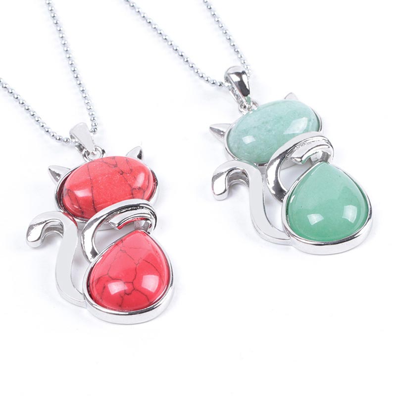 Kette Katze Anhänger Rot Grün Naturstein Silber Schmuck