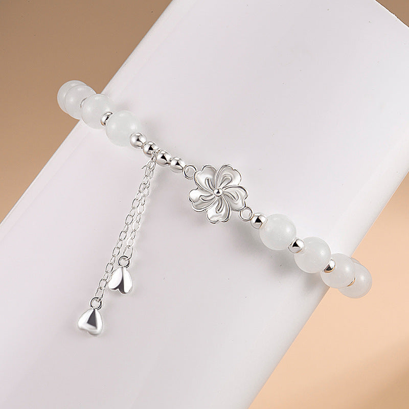 Armband Weiße Jade Pfirsichblüte Glück Perlen Silber elegant Schmuck