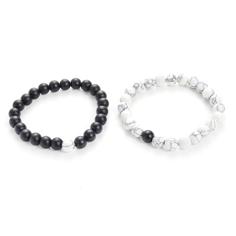 Armband Paar schwarze Obsidian und weiße Türkis Naturstein elastisch