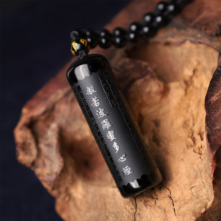 Obsidian Anhänger Kette Herzsutra chinesische Schriftzeichen schwarz