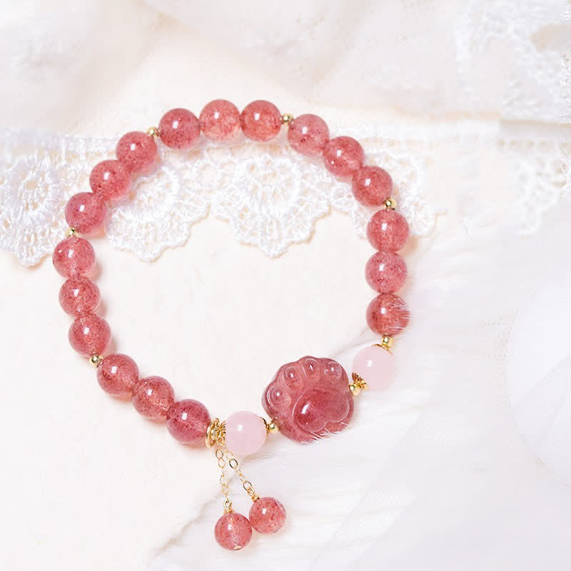 Armband Erdbeerquarz Kristall Katze rosa Perlen Naturstein elastisch.