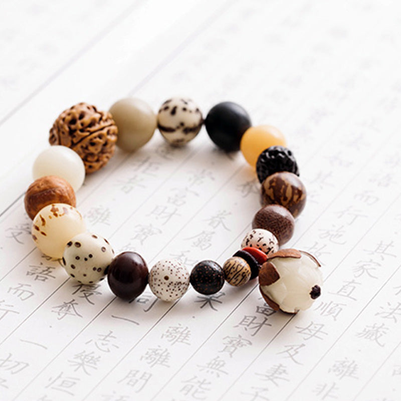 Bodhi Lotus Armband mit natürlichen Perlen und Holzbeads, Frieden.