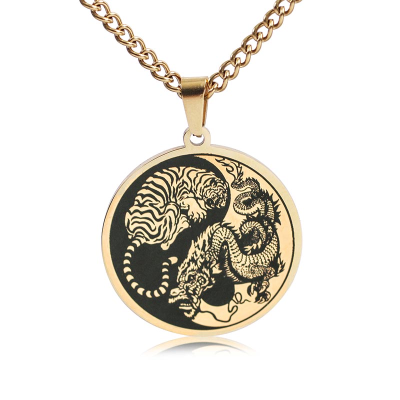 Kette Titan Tiger Drachen Harmonie Kraft goldener Anhänger Yin Yang