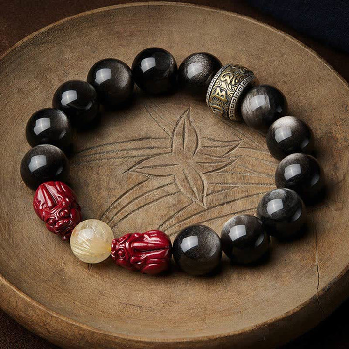 Armband Obsidian Zinnober Om Mani Padme Hum Schutz schwarze Perlen
