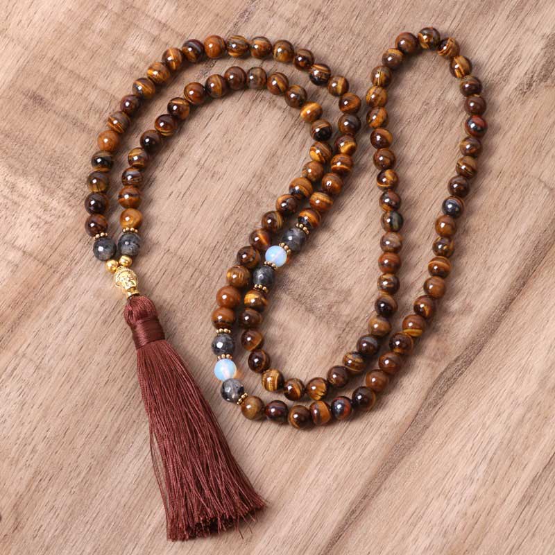 Kette Tigerauge Buddha – Stärke & Kraft – Echter Naturstein – Kette Tigerauge Buddha Stärke Kraft – braune Naturstein Perlen Quaste