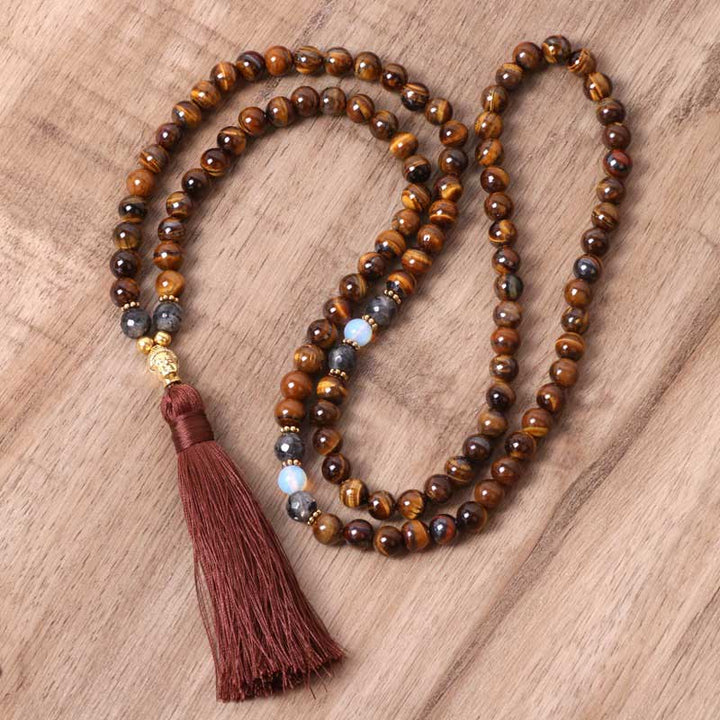 Kette Tigerauge Buddha – Stärke & Kraft – Echter Naturstein – Kette Tigerauge Buddha Stärke Kraft – braune Naturstein Perlen Quaste