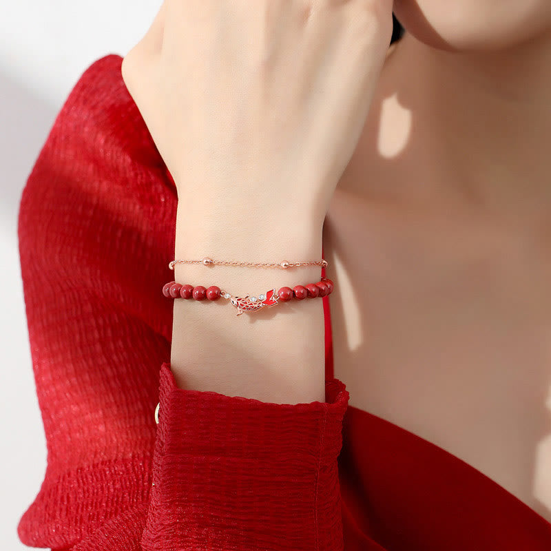 Armband 925 Silber Zinnober Koi Fisch Glück Wohlstand Handgelenk getragen