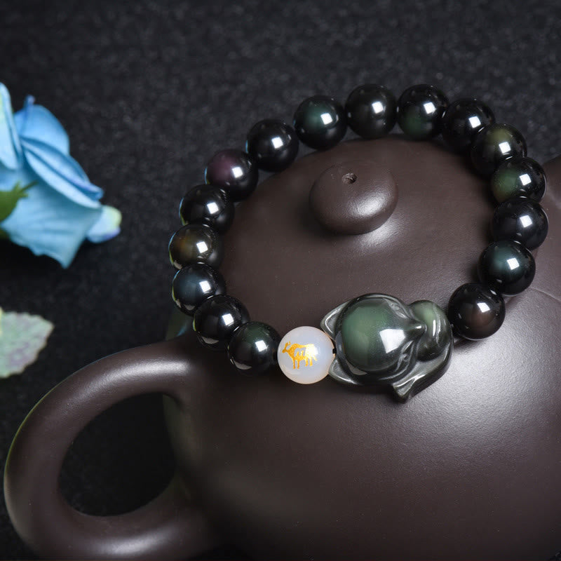 Schwarzes Obsidian Armband Silber Fuchs Heilstein elastisch getragen