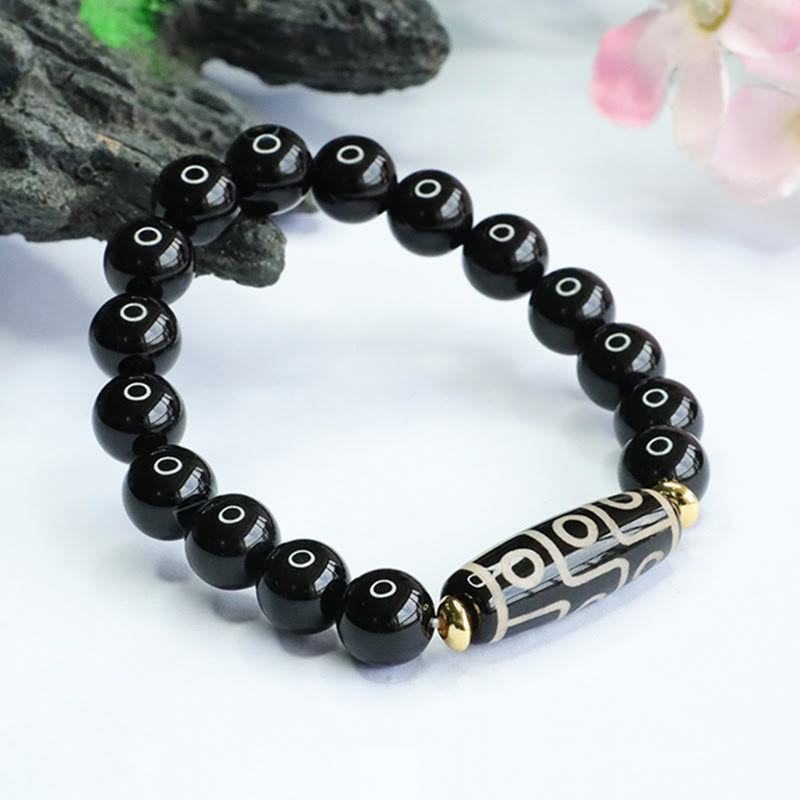 Armband Schwarzer Onyx mit Perlen und verziertem Mittelteil elastisch