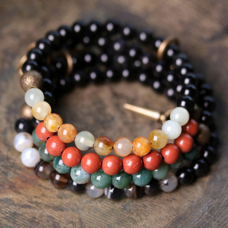 Armband Schwarzer Obsidian Kristall Paar mit farbigen Steinen elastisch