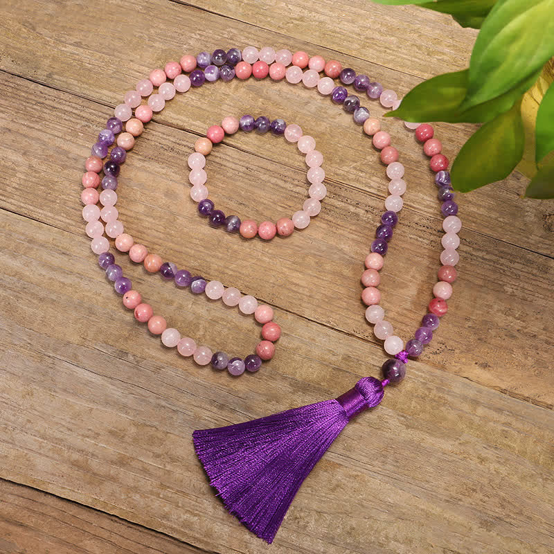 Mala Rosenquarz Amethyst Halskette mit lila Quaste Holz