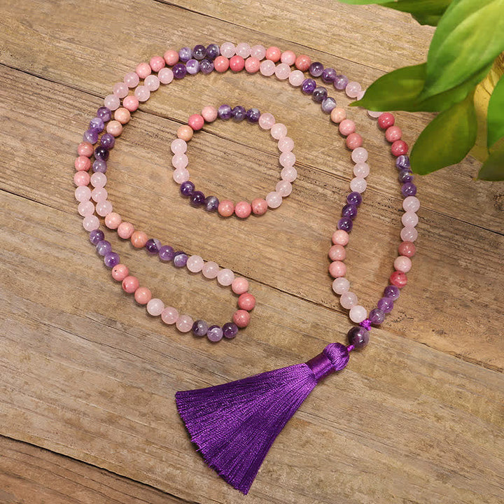 Mala Rosenquarz Amethyst Halskette mit lila Quaste Holz