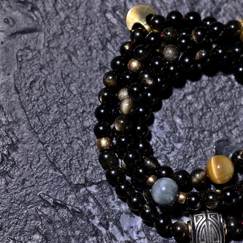 Mala Tigerauge Obsidian Armband Wohlstand schwarze Perlen Naturstein