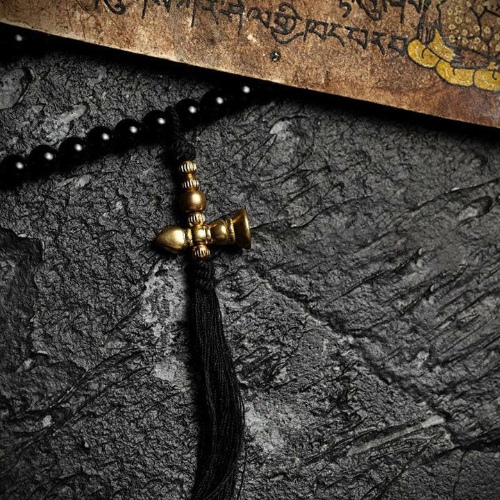 Mala Schwarzer Onyx Tigerauge Schutz goldene Perlen schwarze Quaste Armband