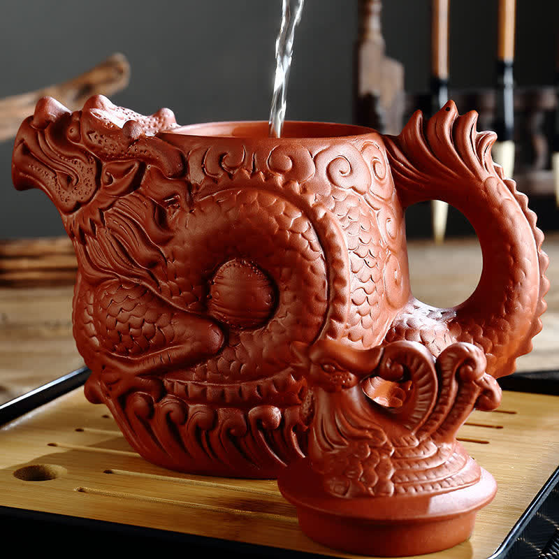 Teekanne Keramik Drache Phönix Vintage Braun