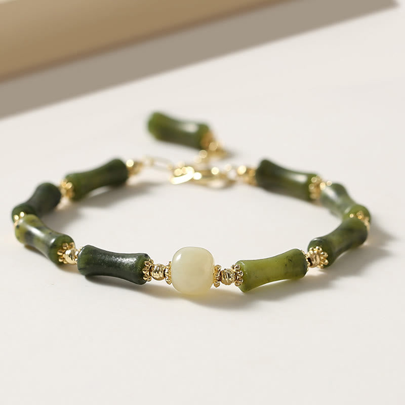 Armband Bambus Glück Stärke grüne Jade goldene Perlen elegant