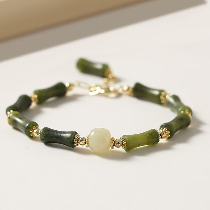 Armband Bambus Glück Stärke grüne Jade goldene Perlen elegant