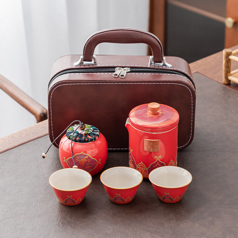 Teeset Rot / 1 Kanne+3 Tassen+1 Handtasche+1 Teedose