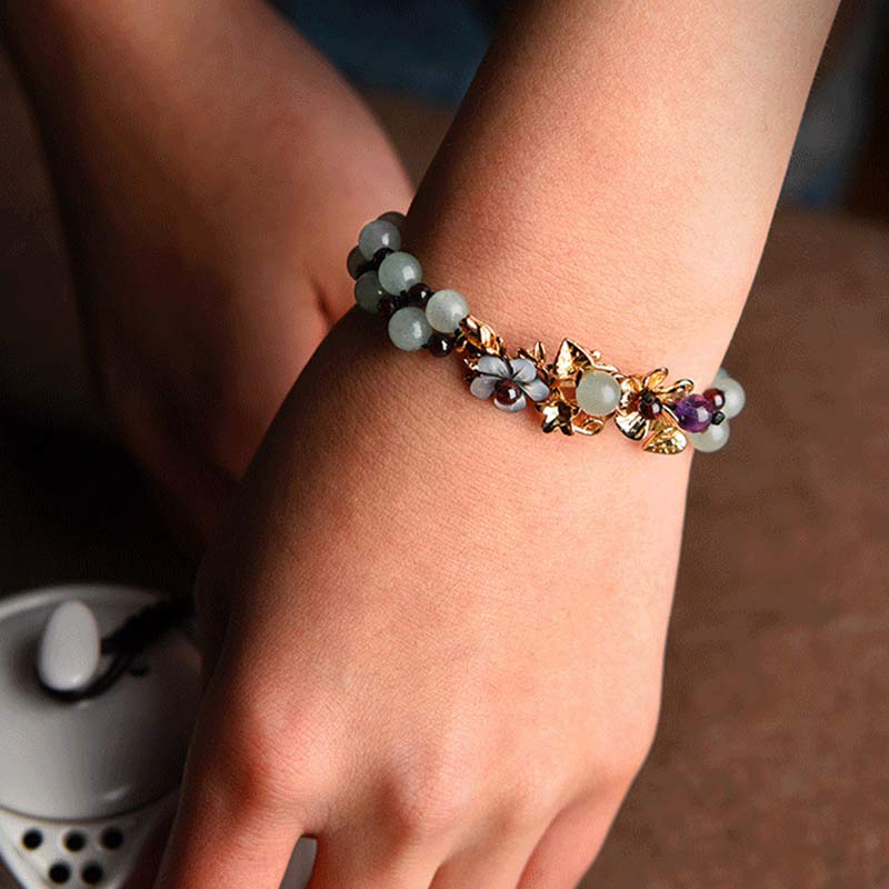 Armband Grüner Aventurin Granat & Blüten Anhänger - Glück