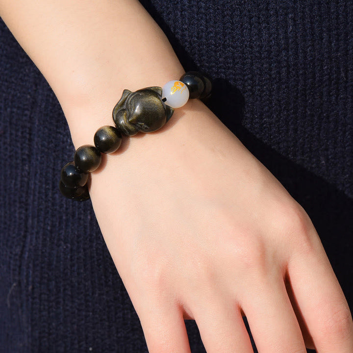 Obsidian Armband Silber Fuchs Heilung schwarze Perlen Naturstein elastisch getragen