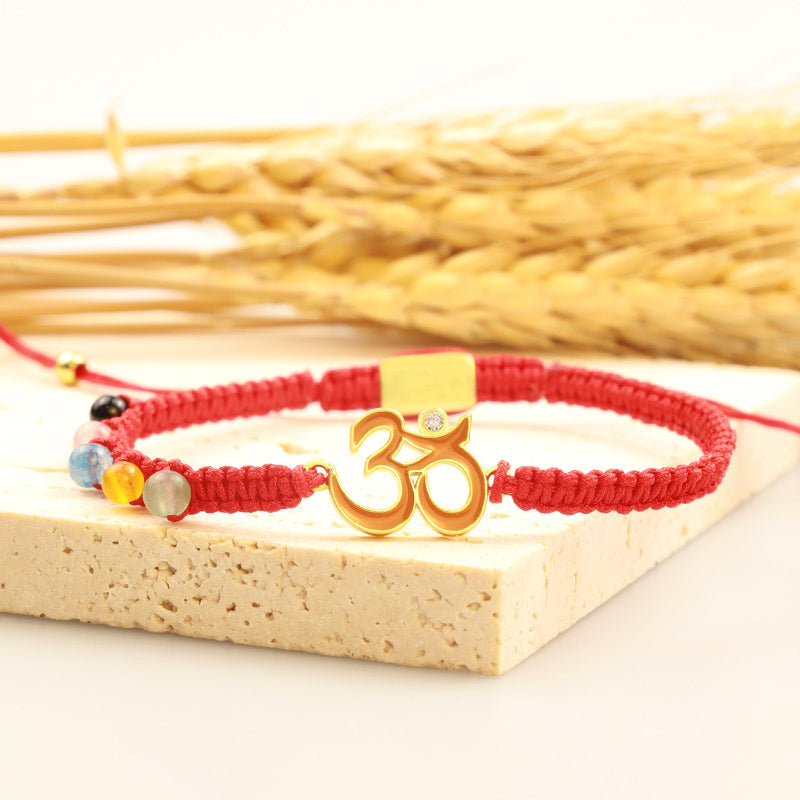 Armband Tibet OM Mindfulness rotes Schnur Naturstein elastisch tragbar