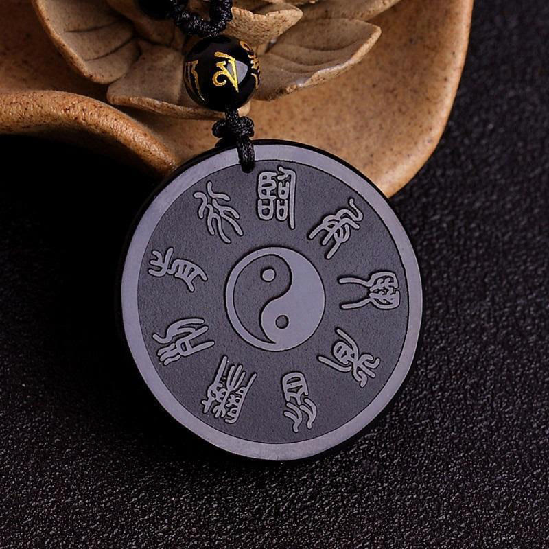 Obsidian Kette Yin Yang Neun-Zeichen Anhänger schwarz