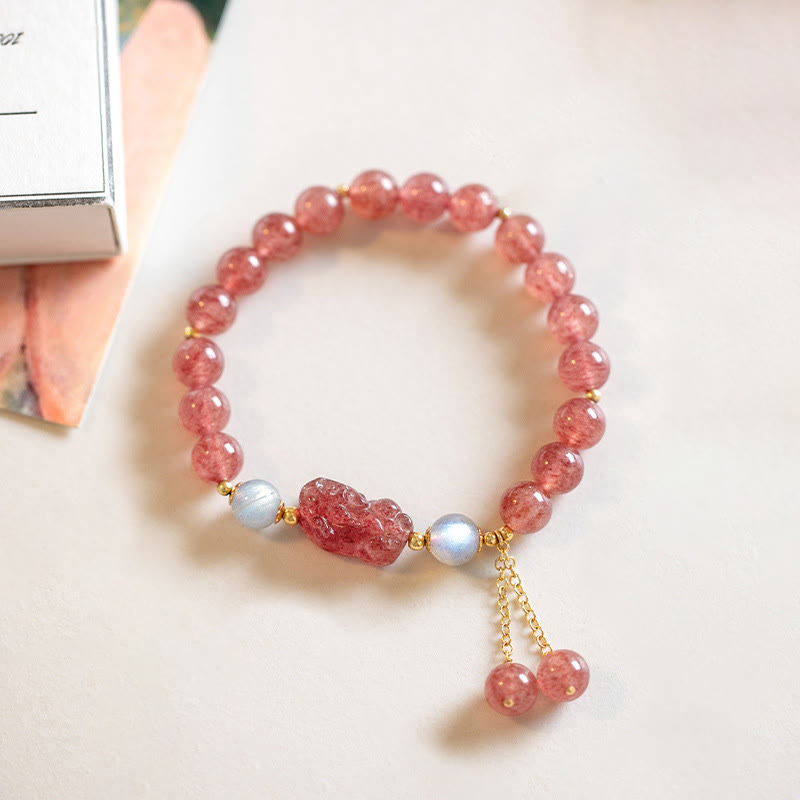 Armband Erdbeerquarz Mondstein Pixiu – Heilung & Liebe