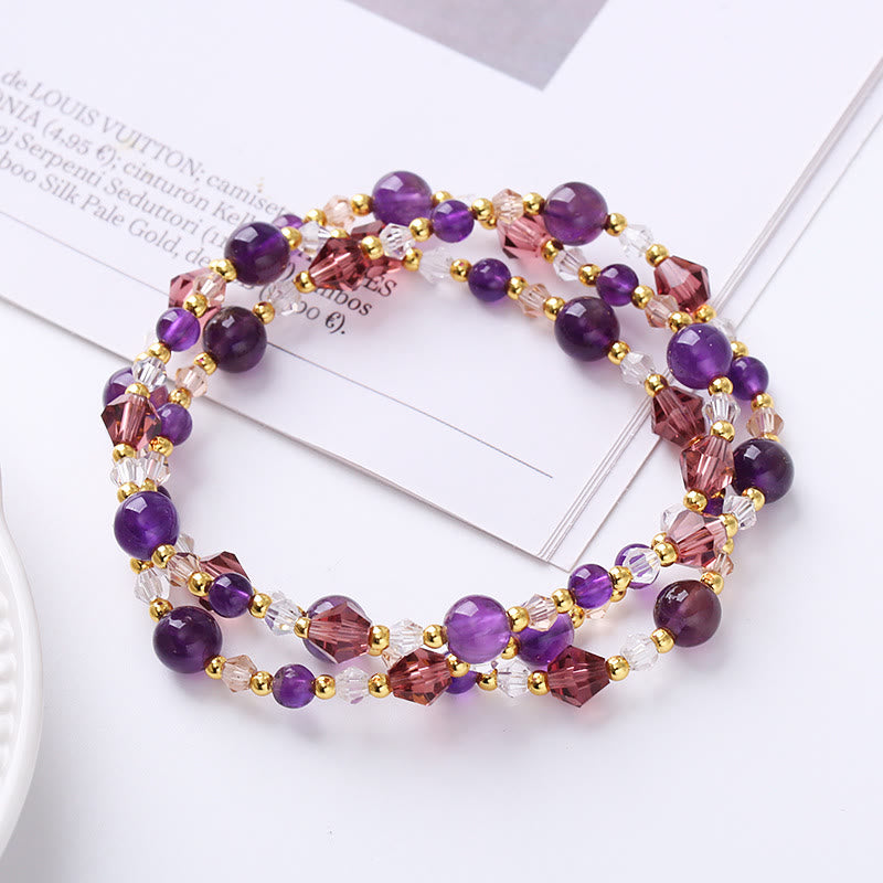 Amethyst Erdbeerquarz Armband lila violett Perlen Schmuck flach gelegt
