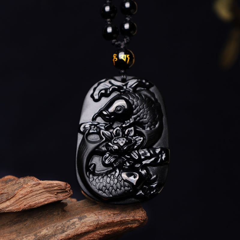 Obsidian Kette Koi Lotus Schwarz Kraft