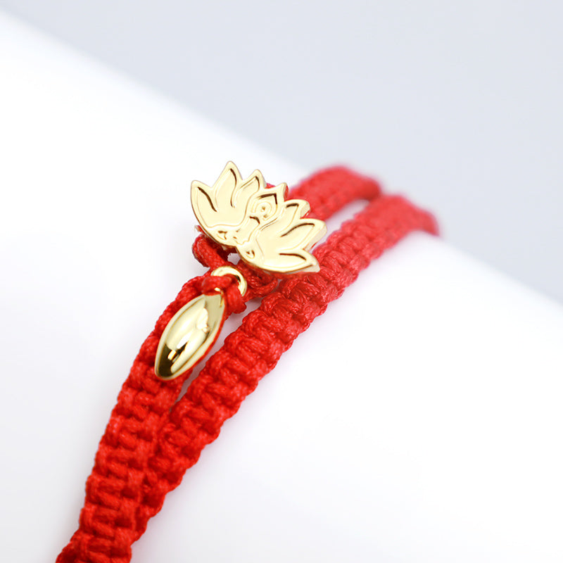 Rotes Armband Kristall Lotus mit goldenem Anhänger elastisch