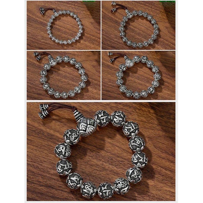 Silbernes Armband Om Mani Padme Hum mit strukturierten Perlen Naturstein