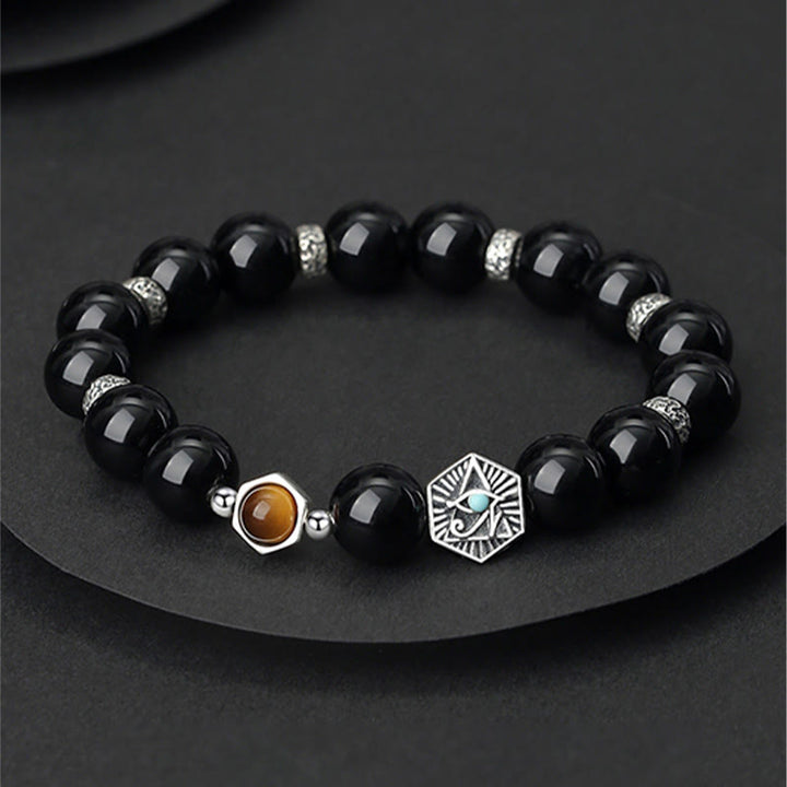 Schwarzes Obsidian Armband 925 Silber mit Hexagon Auge Charm elegant