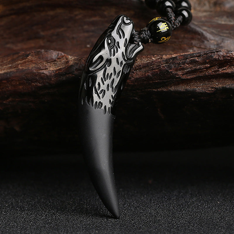 Anhänger Obsidian Wolf Mut Schutz schwarzer Stein Naturstein Pendant