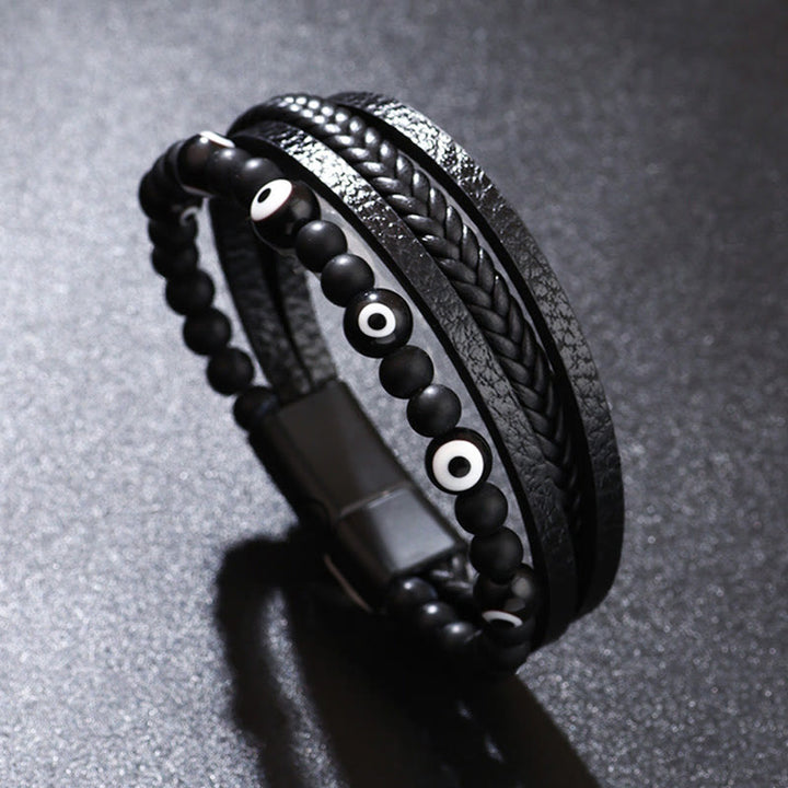 Armband Tigerauge Böses Auge – Schutz schwarze Perlen Leder mehrsträngig