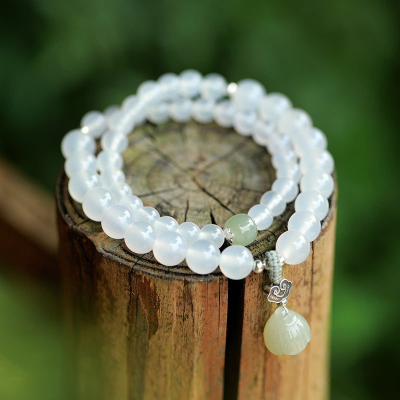 Weißes Achat Armband Jade Lotus Schutz Naturstein elastisch.