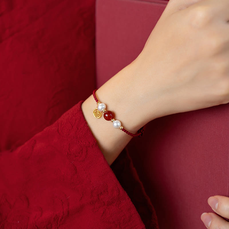 Rotes Achat Armband 925 Silber Fu-Zeichen Glück Perlen elegant.
