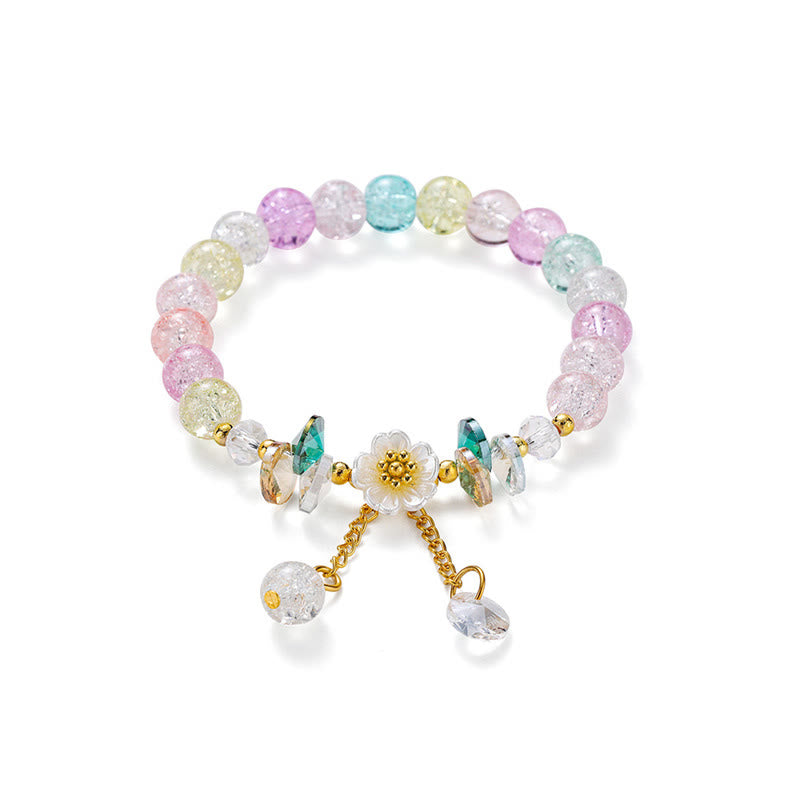 Buntes Armband Blume Glas mit rosa und grünen Perlen golden.