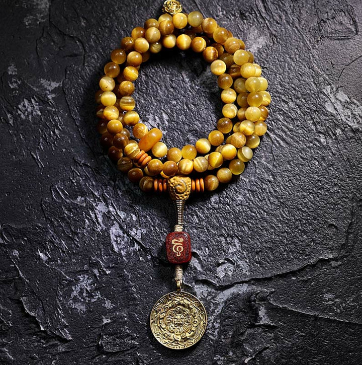 Mala Tigerauge Kupfer Armband mit Schutz Anhänger golden glänzend