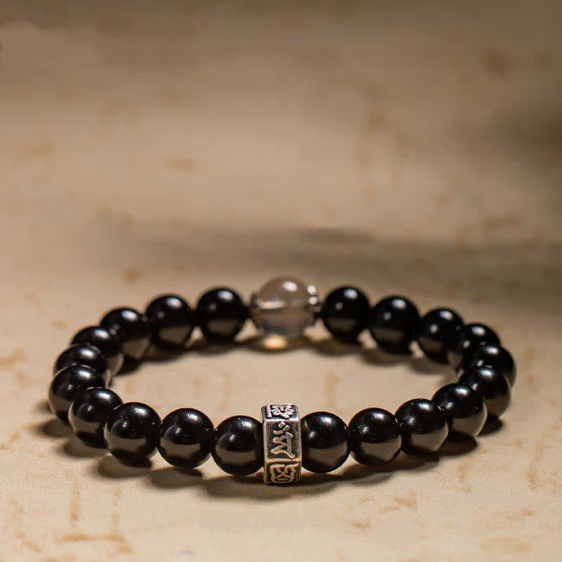 Schwarzes Obsidian Armband mit Silber Chinesisches Tierkreis Symbol Stärke