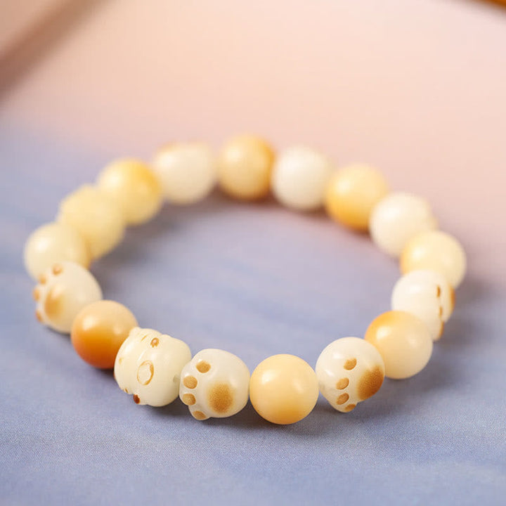 Sandelholz Bodhi Katze Armband mit cremefarbenen Perlen Glück Frieden elastisch